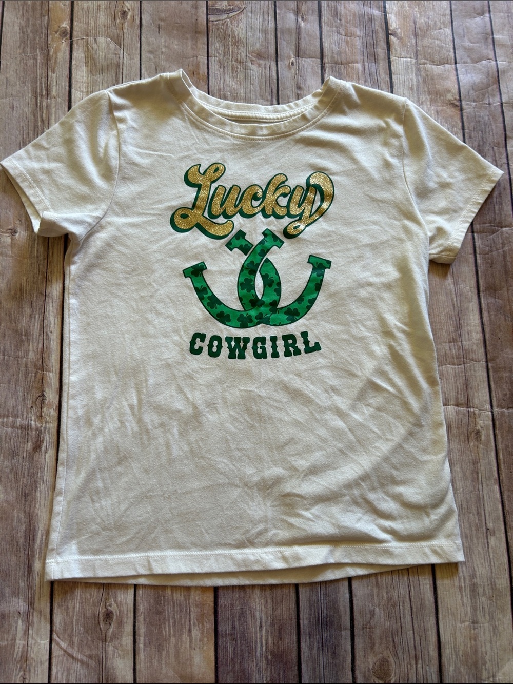 Cream Short-Sleeve Tee with Green and Gold 'Lucky Cowgirl' Graphic